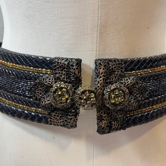 Barrera Beaded Rhinestones Wide Braided Leather BOHO Waist Belt Navy 30\